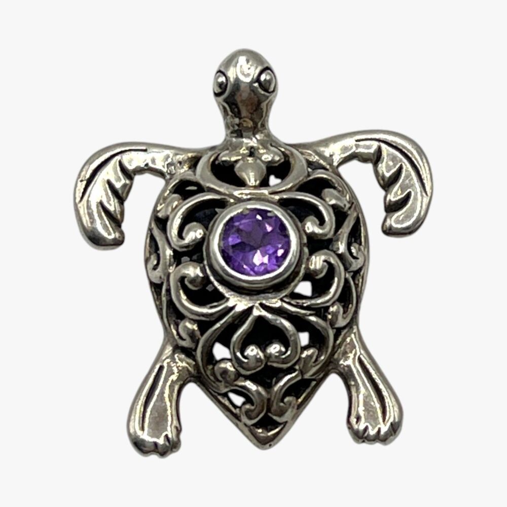Handcrafted Sterling Silver Amethyst Turtle Pendant ATI Bali Openwork Scrollwork